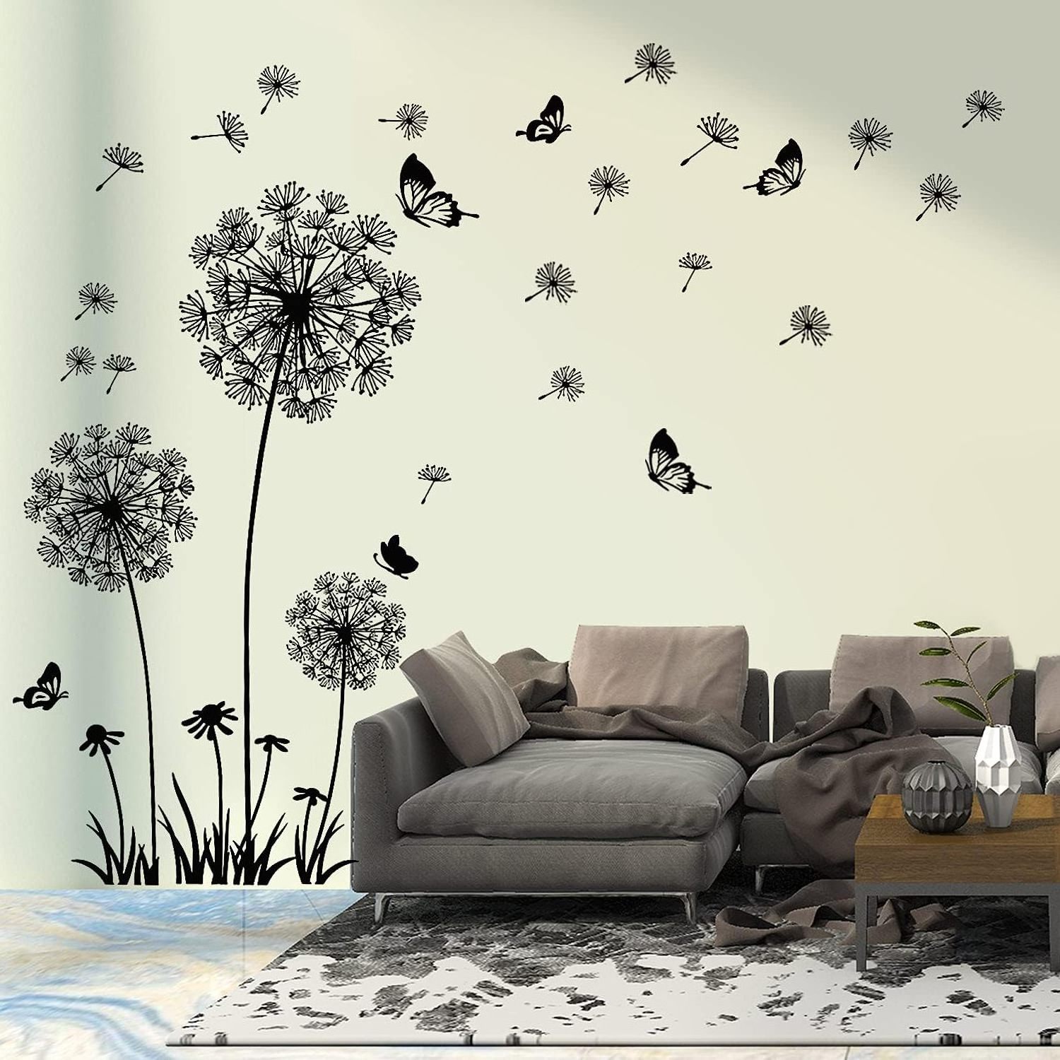 3D Black Dandelion and Butterfly Wall Decals Wood and PVC Flower Stickers for Living Room Bedroom Home Art Decor