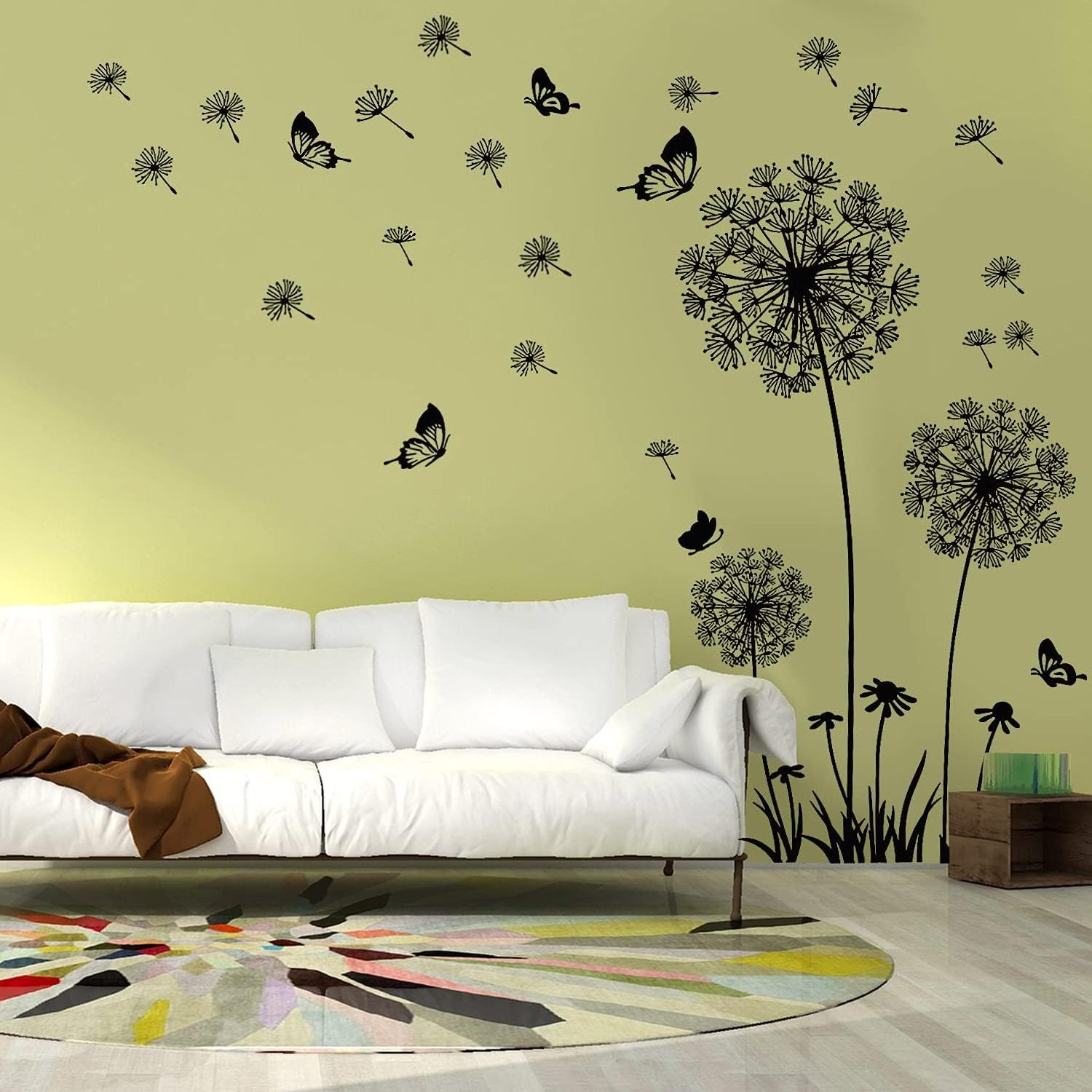 3D Black Dandelion and Butterfly Wall Decals Wood and PVC Flower Stickers for Living Room Bedroom Home Art Decor