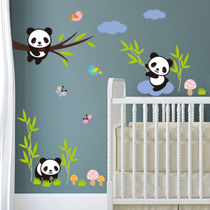 Panda and Bear Wall Stickers Bamboo Green Plants Peel and Stick Wall Art Decals for Baby Nursery Kids Bedroom