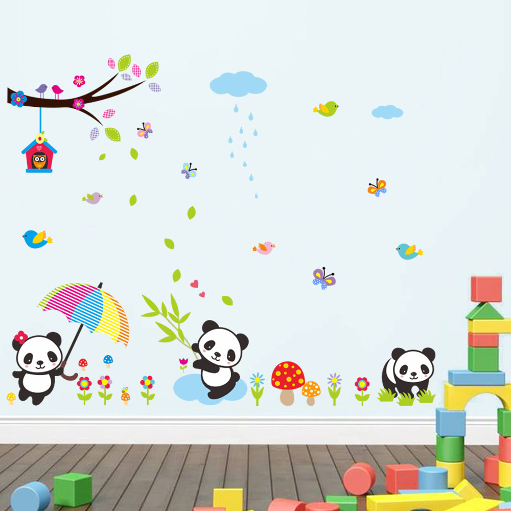 Panda and Bear Wall Stickers Bamboo Green Plants Peel and Stick Wall Art Decals for Baby Nursery Kids Bedroom