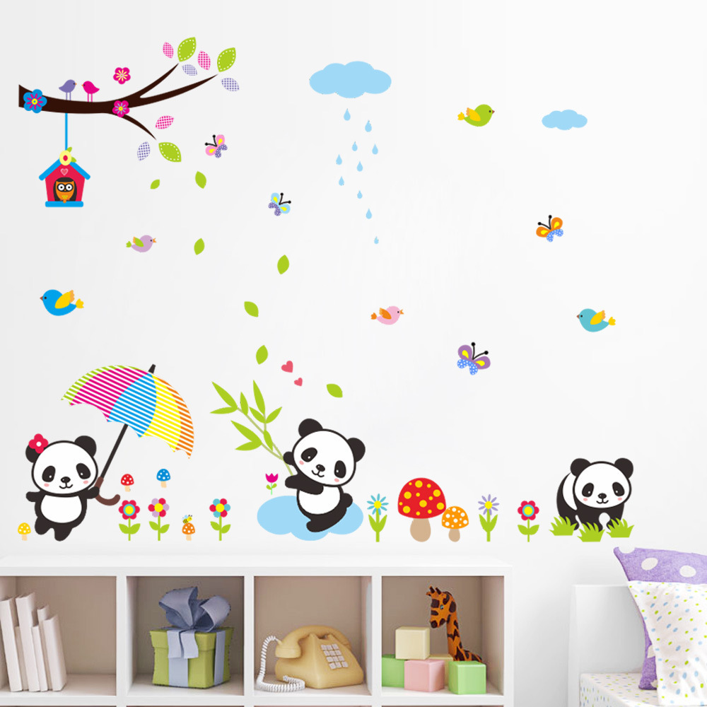 Panda and Bear Wall Stickers Bamboo Green Plants Peel and Stick Wall Art Decals for Baby Nursery Kids Bedroom