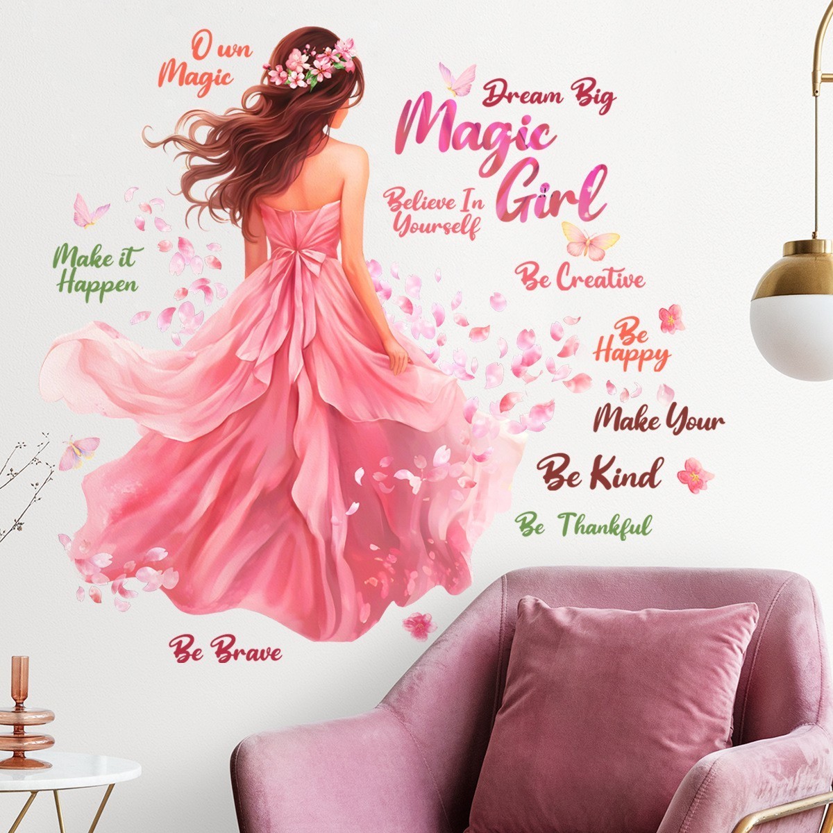 Popular Beatuiful Girl Wall Decals Reflection Mirror Decorative Pink Wall Sticker Peel and Stick Wallpaper For Bedroom