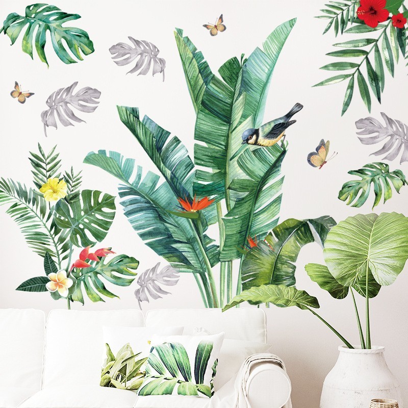 Tropical Green Plants Potted Wall Stickers Living Room Background Wall Beautify Bedroom Entryway Decorative Wall Decals