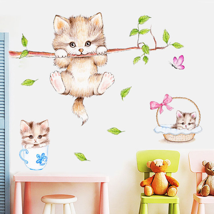 Children's room warm wallpaper decorative wallpaper self-adhesive cartoon bedroom bedside wall sticker kitten wall sticker