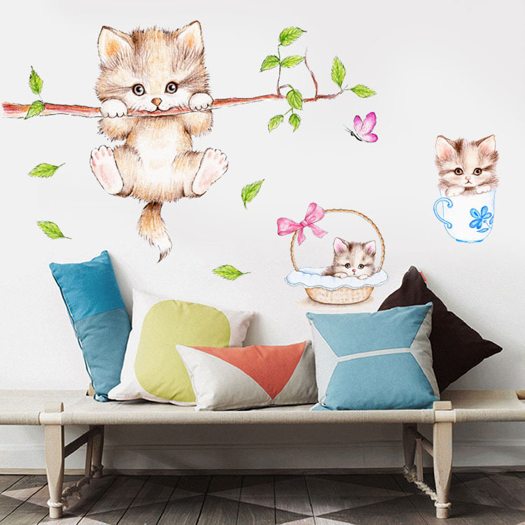 Children's room warm wallpaper decorative wallpaper self-adhesive cartoon bedroom bedside wall sticker kitten wall sticker