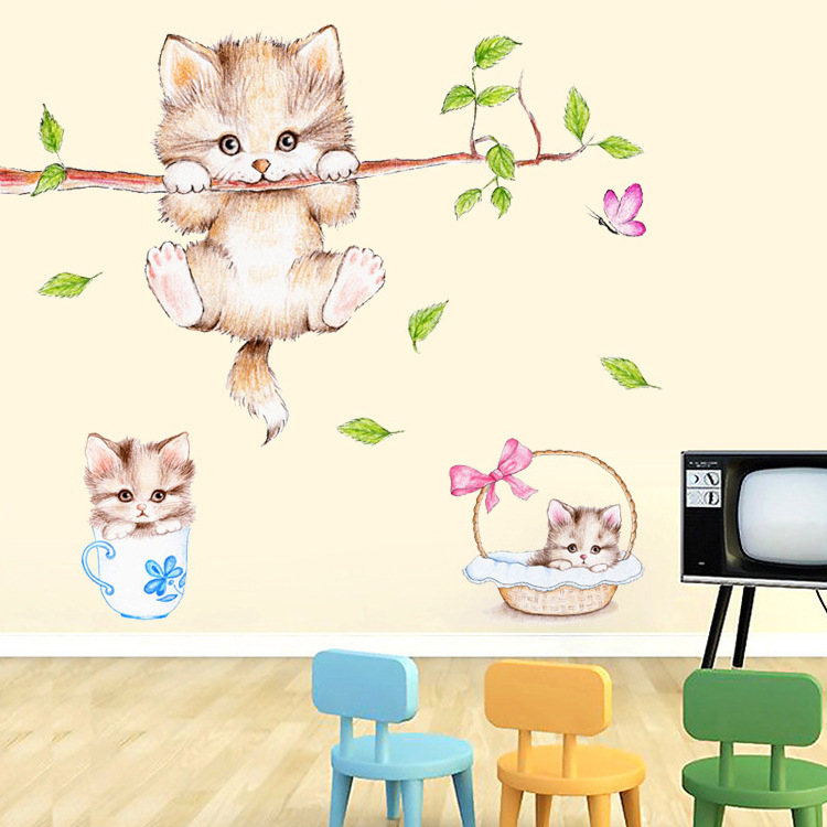 Children's room warm wallpaper decorative wallpaper self-adhesive cartoon bedroom bedside wall sticker kitten wall sticker