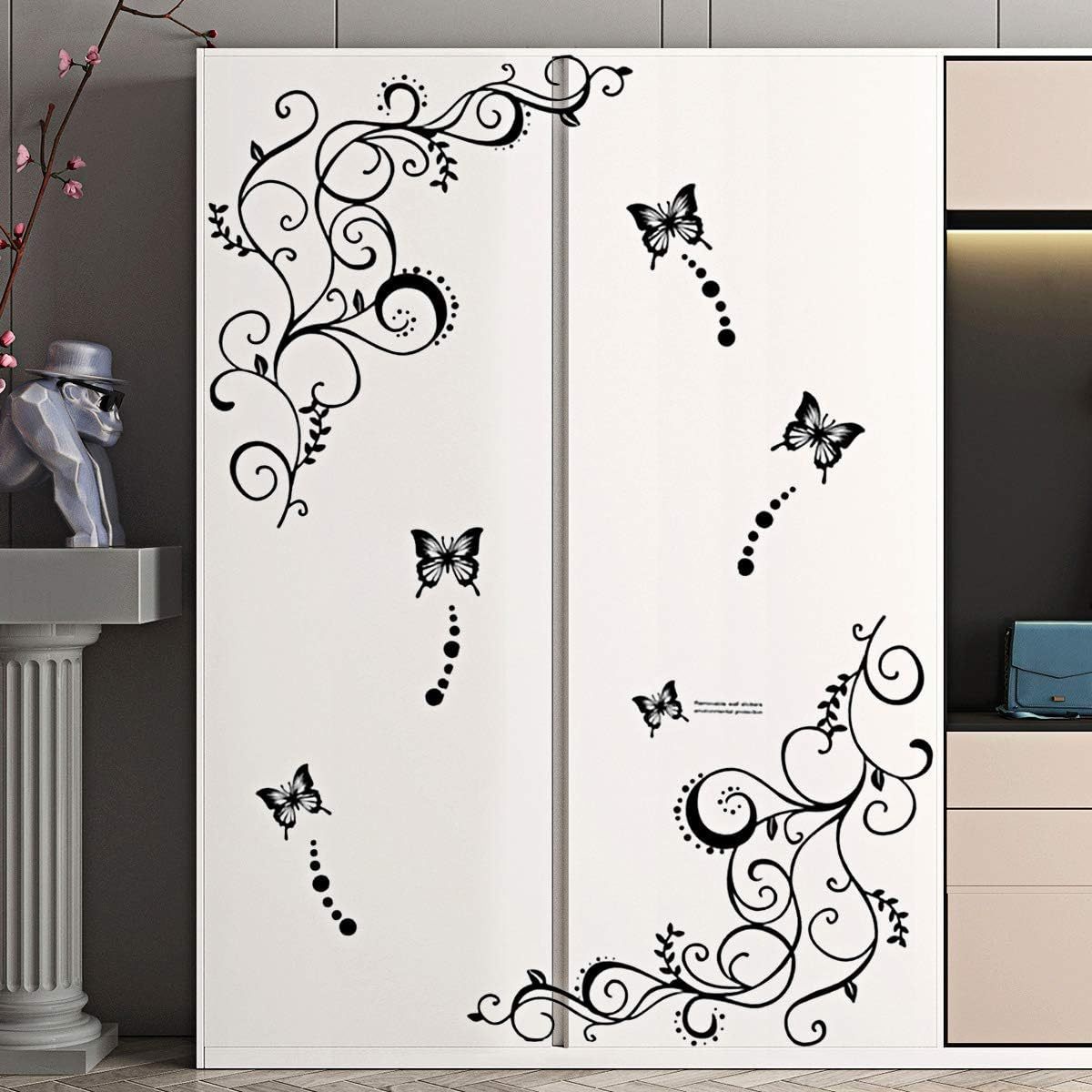 Hanging Flower Vine Wall Stickers Black Floral Butterfly Wall Decals for Bedroom Living Room Home Decor