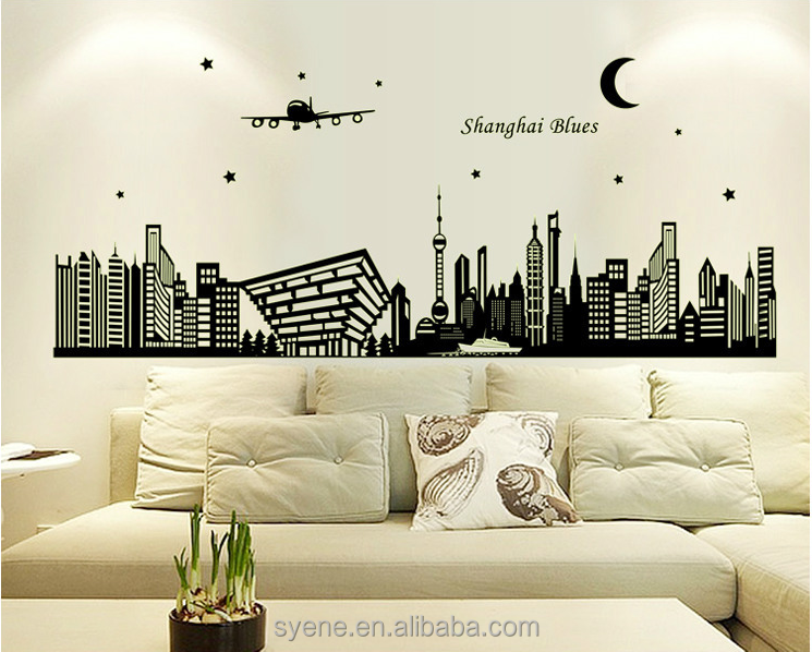 56*160cm 3d glow in the dark ceiling decorations shanghai night city shiny wallpaper home wall stickers decal nateru home decor