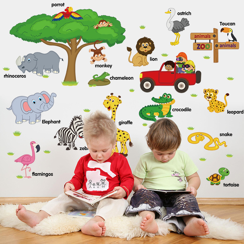 Jungle Animals Wall Stickers for Kids Rooms Safari Nursery Rooms Baby Home Decor Poster Monkey Elephant Horse Wall Decals