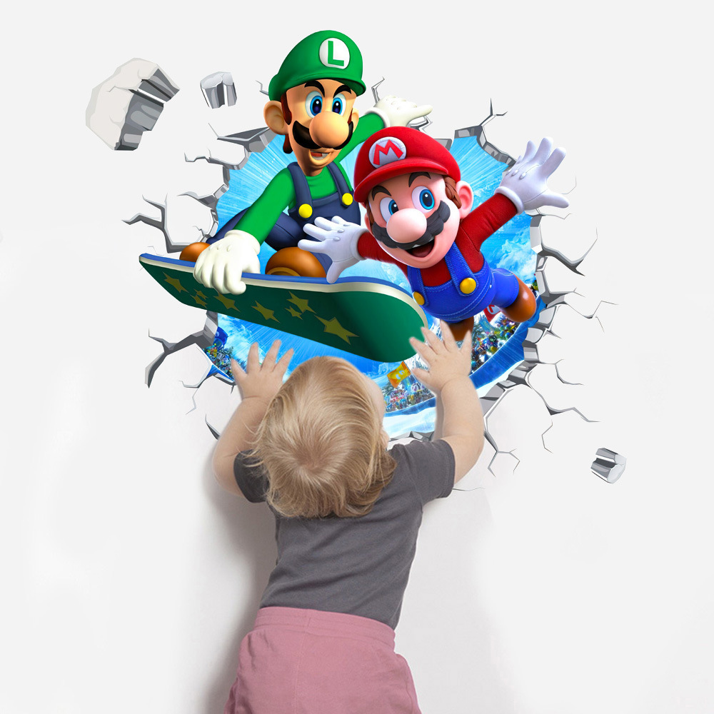 3D wall-breaking Mario children's room wall decoration stickers Cartoon anime graffiti game wall decoration stickers posters