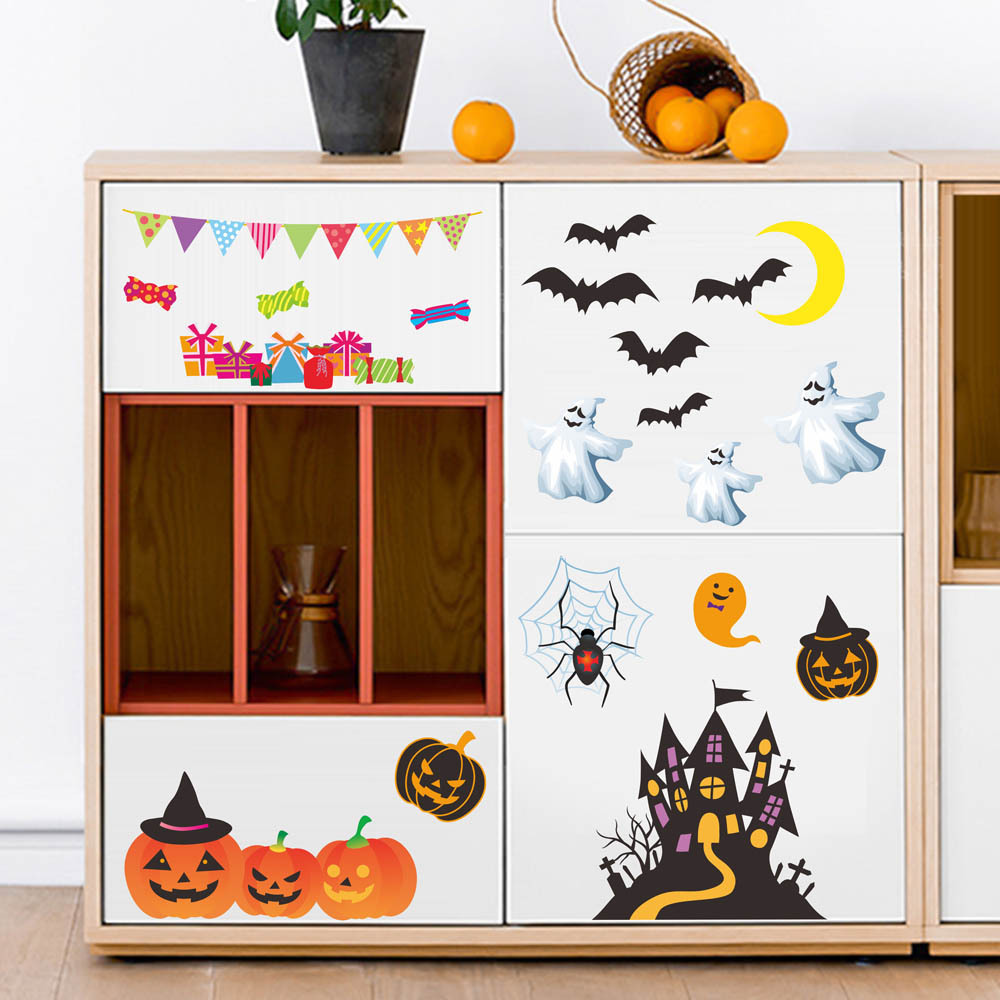 Halloween Pumpkin Wall Sticker Living Room Bedroom Glass Showcase Background Decoration Removable Waterproof Wall Sticker