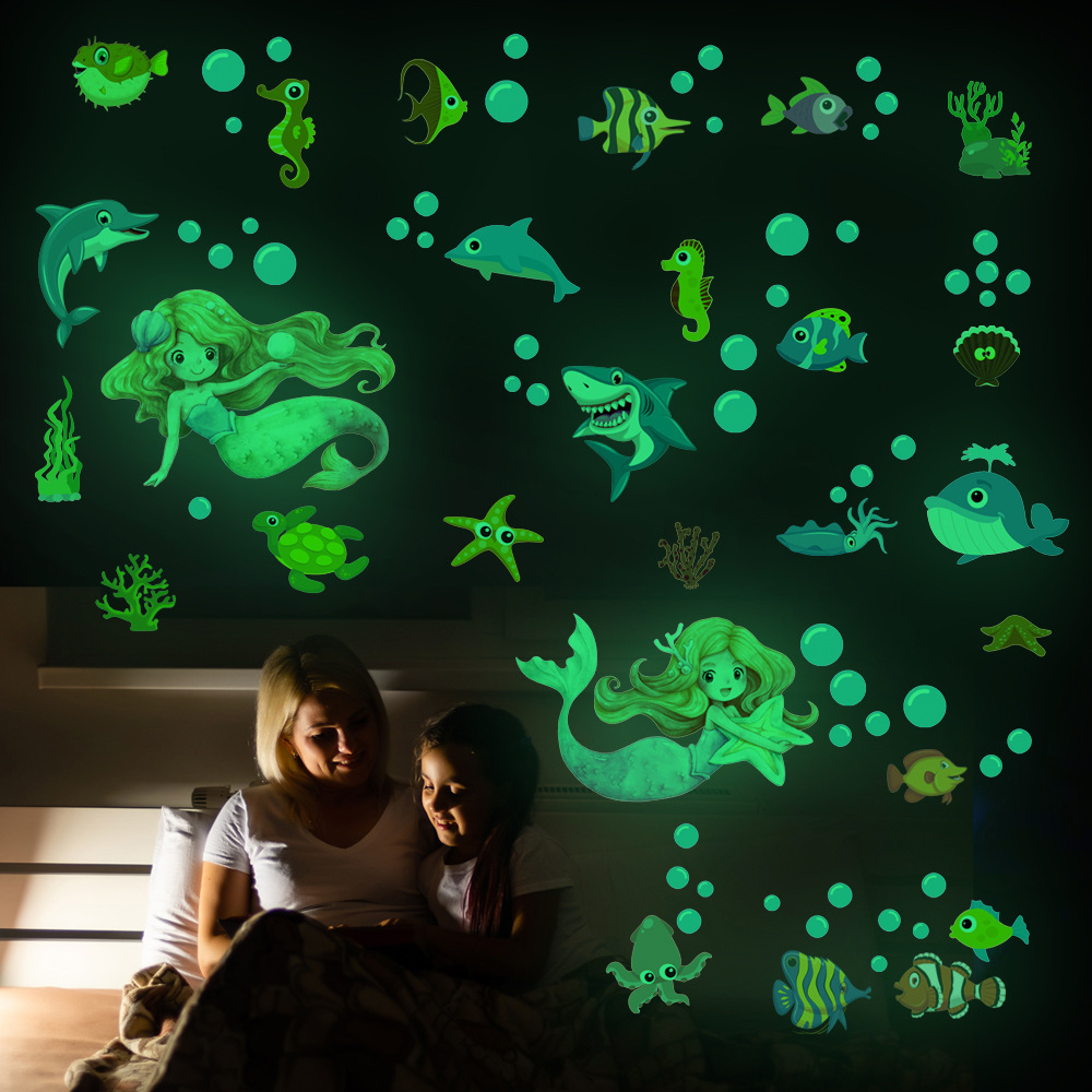 Luminous Underwater World Ocean Fish Shark Cartoon Wall Sticker Fluorescent Sticker Children's Room Decoration Sticker