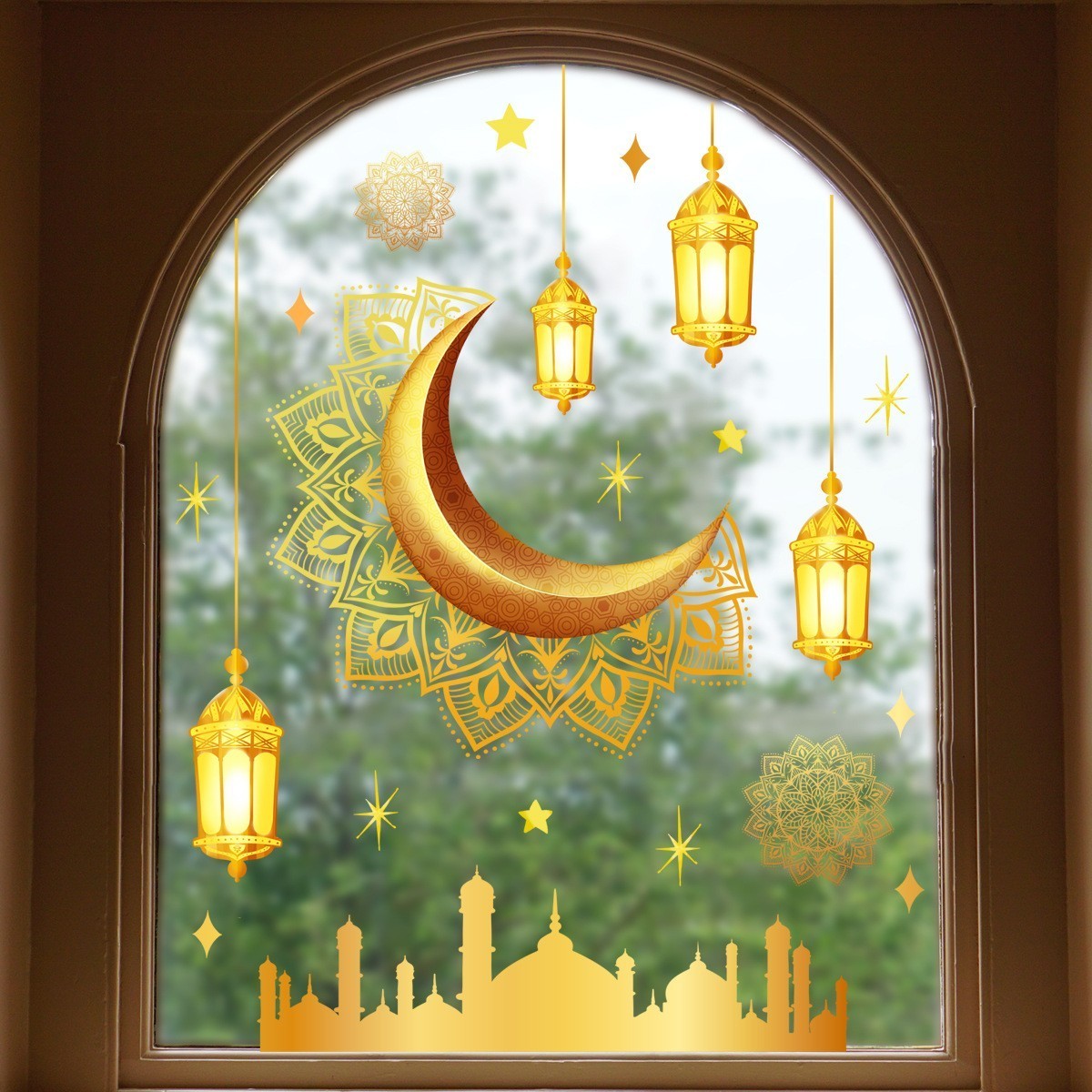 Islamic Muslim Decoration Ramadan Kareem PVC Wall Sticker Crescent Star Lamp Pattern Wall Sticker for Bedroom Living Room