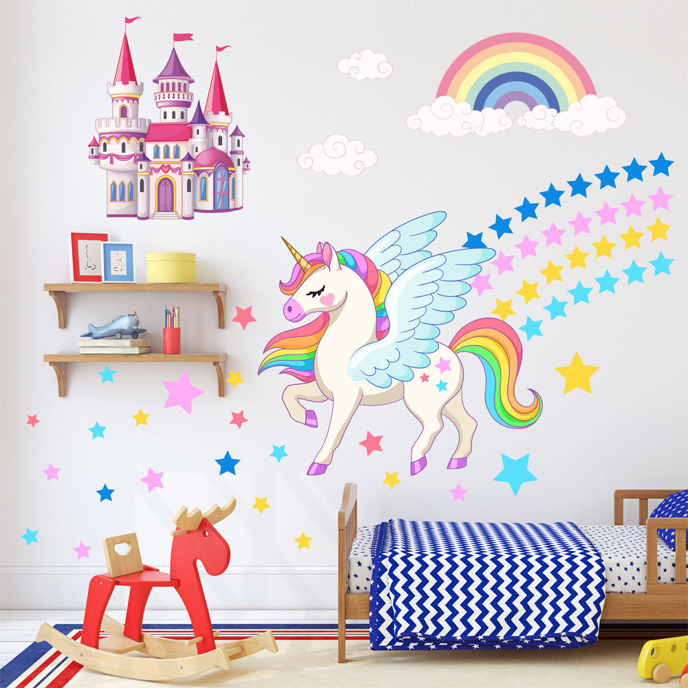 Unicorn Castle Star Rainbow Wall Sticker Children's Room Bedroom Decorative Sticker Self-Adhesive Graffiti Decorative Painting