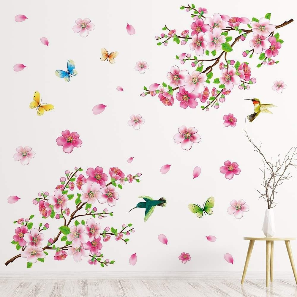 Pink Cherry Blossom Peach Blossom Wall Sticker Floral Butterfly Birds Art Deco Tree Branch Flower Wall Decor Paper Bedroom