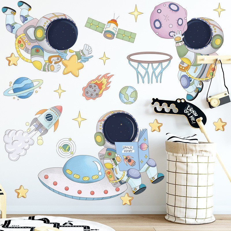 Cartoon astronaut Space ship planet home decoration wall sticker for living room bedroom sofa background decor wall decal