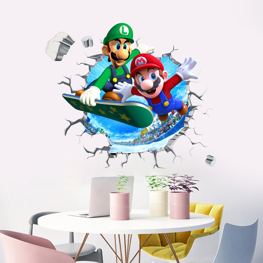 3D wall-breaking Mario children's room wall decoration stickers Cartoon anime graffiti game wall decoration stickers posters