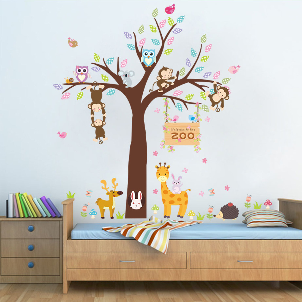 Forest Animals wall sticker Monkey Bear Tree for kids room Children Wall Decal Nursery Bedroom Decor Poster Mural stickers