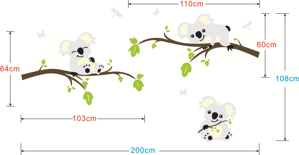 Large Koala Tree Branch DIY Wall Decals Peel and Stick Wall Sticker Nursery Baby Room Art Home Decor Decorate