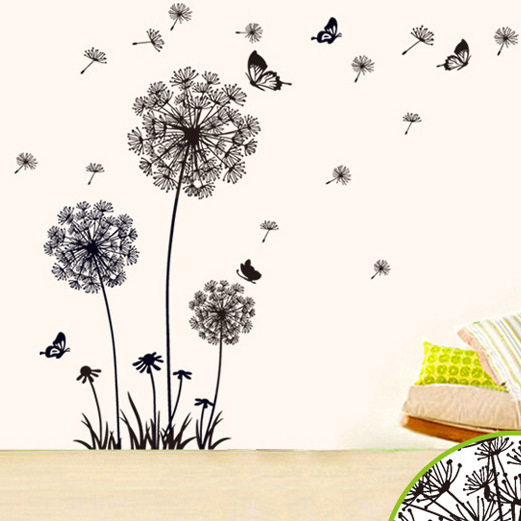 Black Dandelion Butterflies Wall Sticker PVC Window Decoration Mural Art Decal for Living Room Bedroom Home Decor Wall Stickers