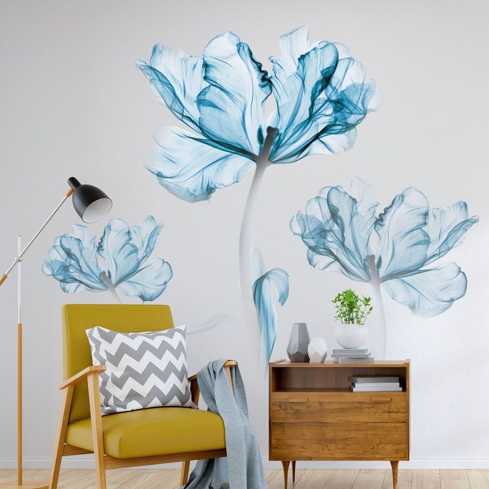 Nordic blue flower plant flower wall sticker sofa room warm background wall decoration sticker self-adhesive wall sticker