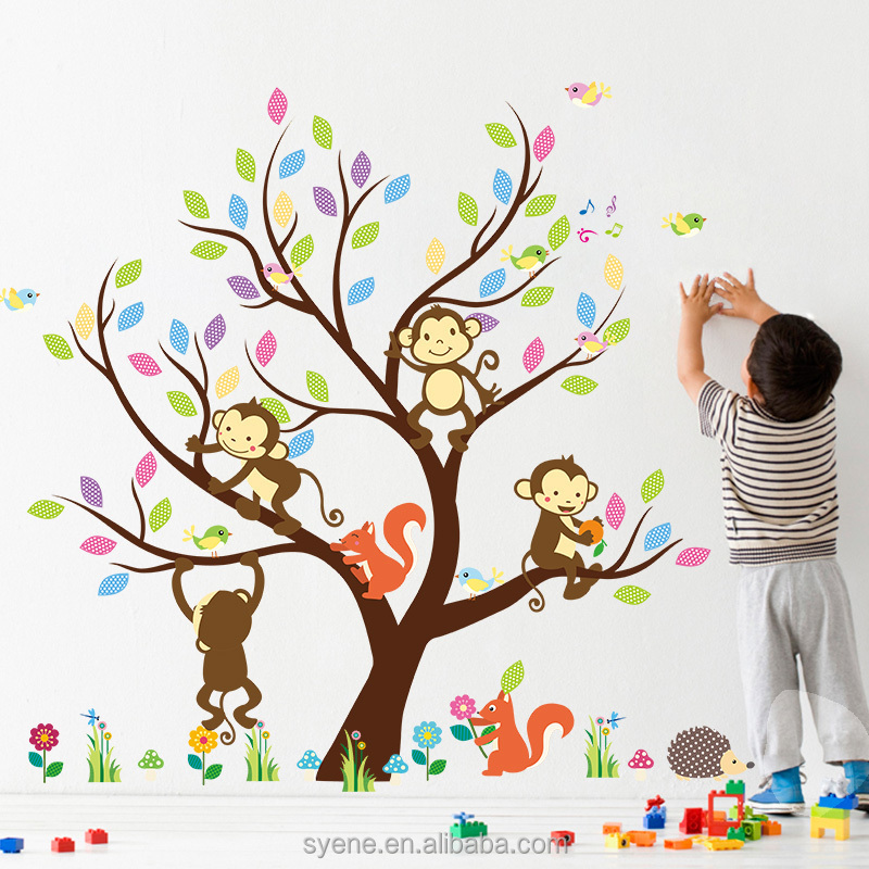 Syene cartoon cute monkey forest animals family tree wall sticker decal 3d kids room wallpapers home decor for baby nursery