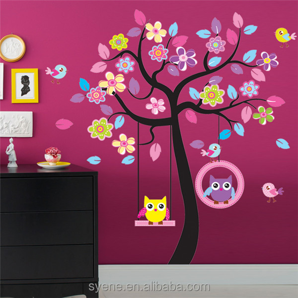 3D Removable Wallpaper Owls Tree Wall Stickers For Kids Rooms Decal Colourful Tree Hanging Owl Bids wall Decal stickers Murals