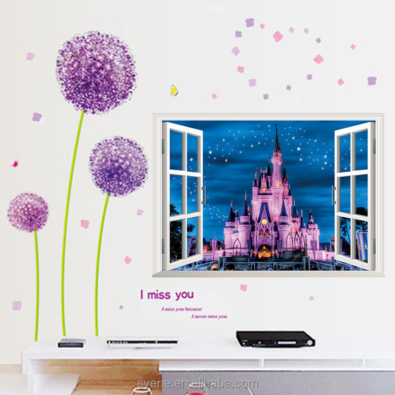 2024 New 3D creative fake window princess castle wall stickers decal pvc removable import wall sticker for kids baby nursery