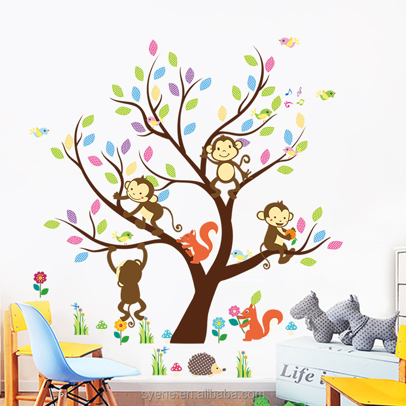 Syene cartoon cute monkey forest animals family tree wall sticker decal 3d kids room wallpapers home decor for baby nursery