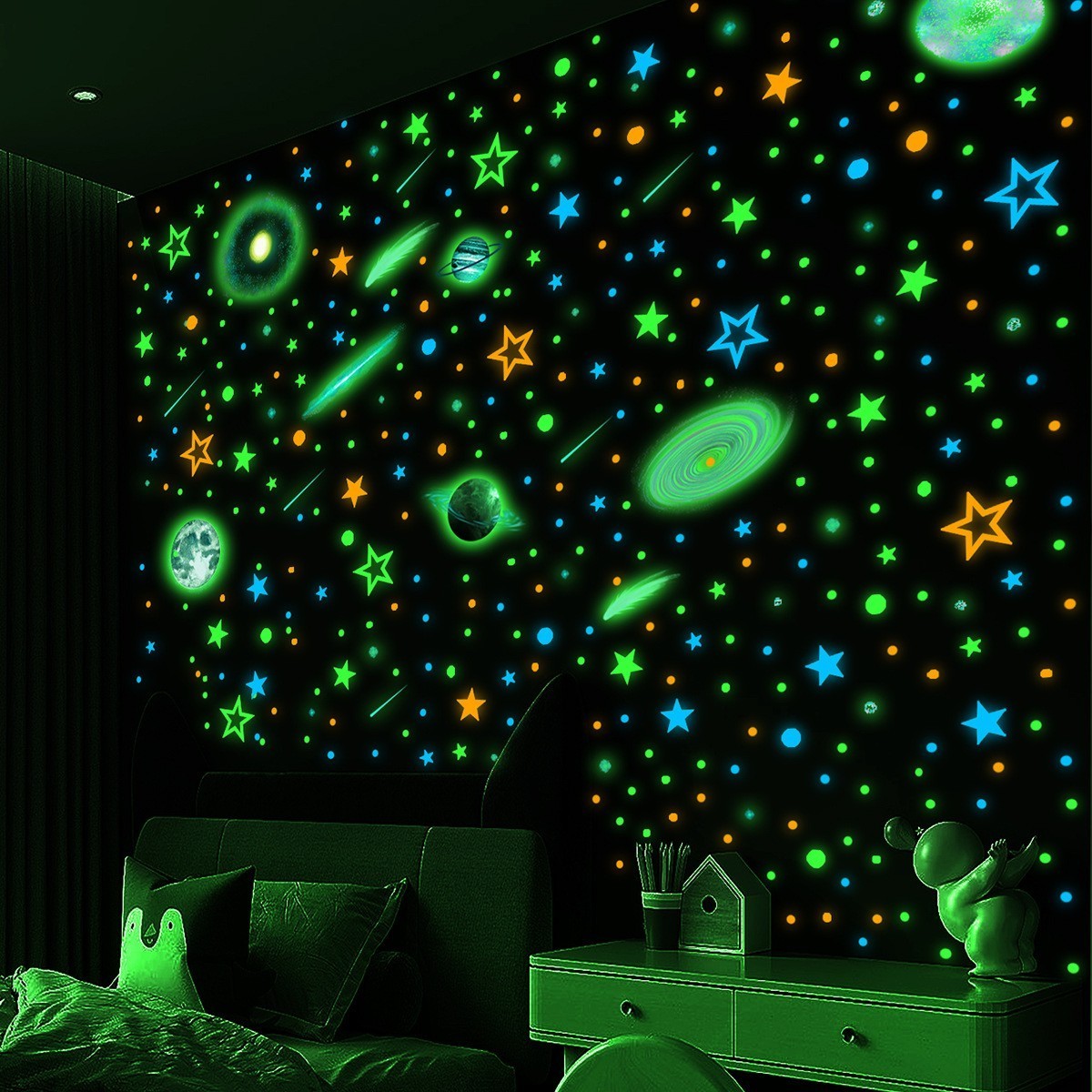 Sun Moon Stars meteors luminous wall stickers PVC shining glow kids stickers in night