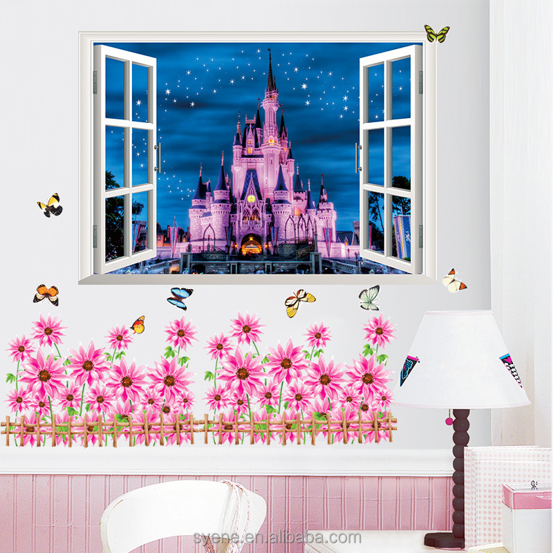 2024 New 3D creative fake window princess castle wall stickers decal pvc removable import wall sticker for kids baby nursery