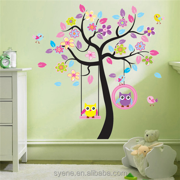 3D Removable Wallpaper Owls Tree Wall Stickers For Kids Rooms Decal Colourful Tree Hanging Owl Bids wall Decal stickers Murals