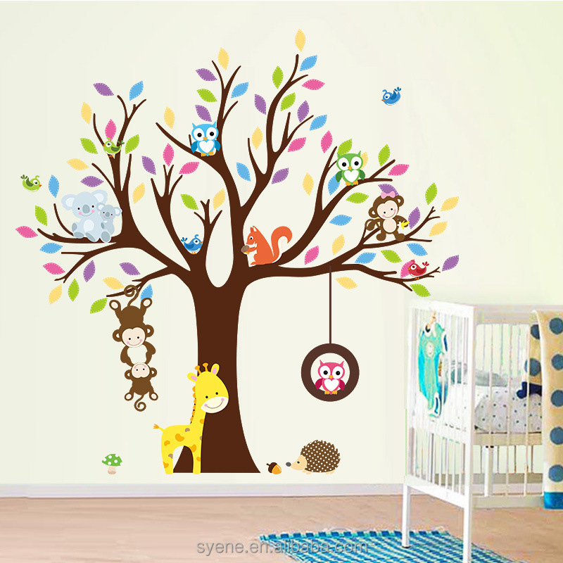 Syene new cartoon cute owl scroll tree XL jungle forest animals kids baby nursery room wall decal stickers waterproof wallpaper