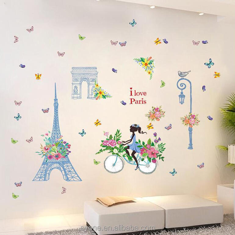 Syene Romantic flower Paris Wall Sticker For Kids Rooms Eiffel Tower Flower Fairy Riding Home Decor wallpaper