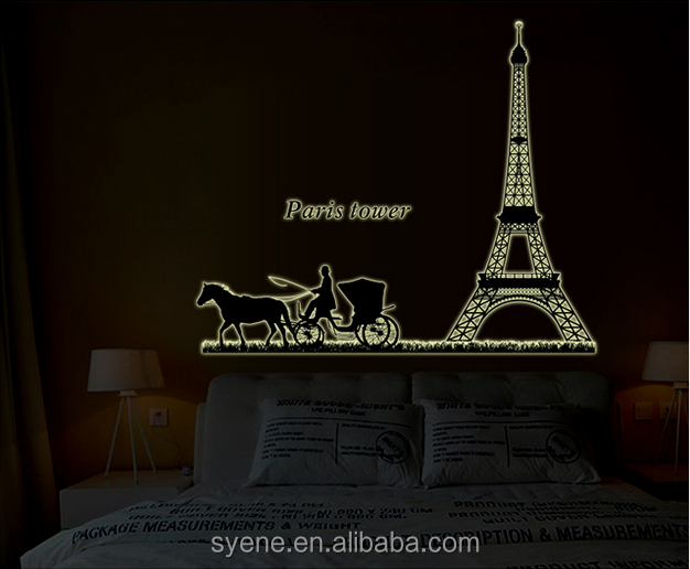 Glow in the dark wall decor paris Eiffel Tower wall sticker large decorative glow in the dark sticker paper room decor 3d decal