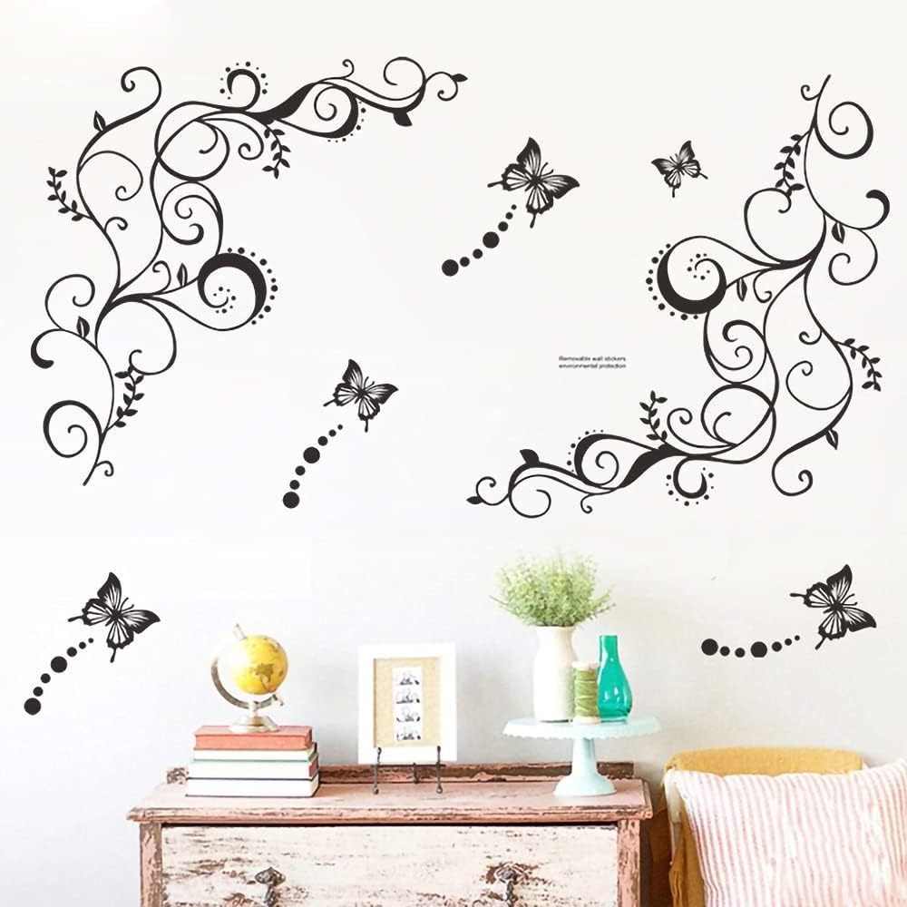 Hanging Flower Vine Wall Stickers Black Floral Butterfly Wall Decals for Bedroom Living Room Home Decor