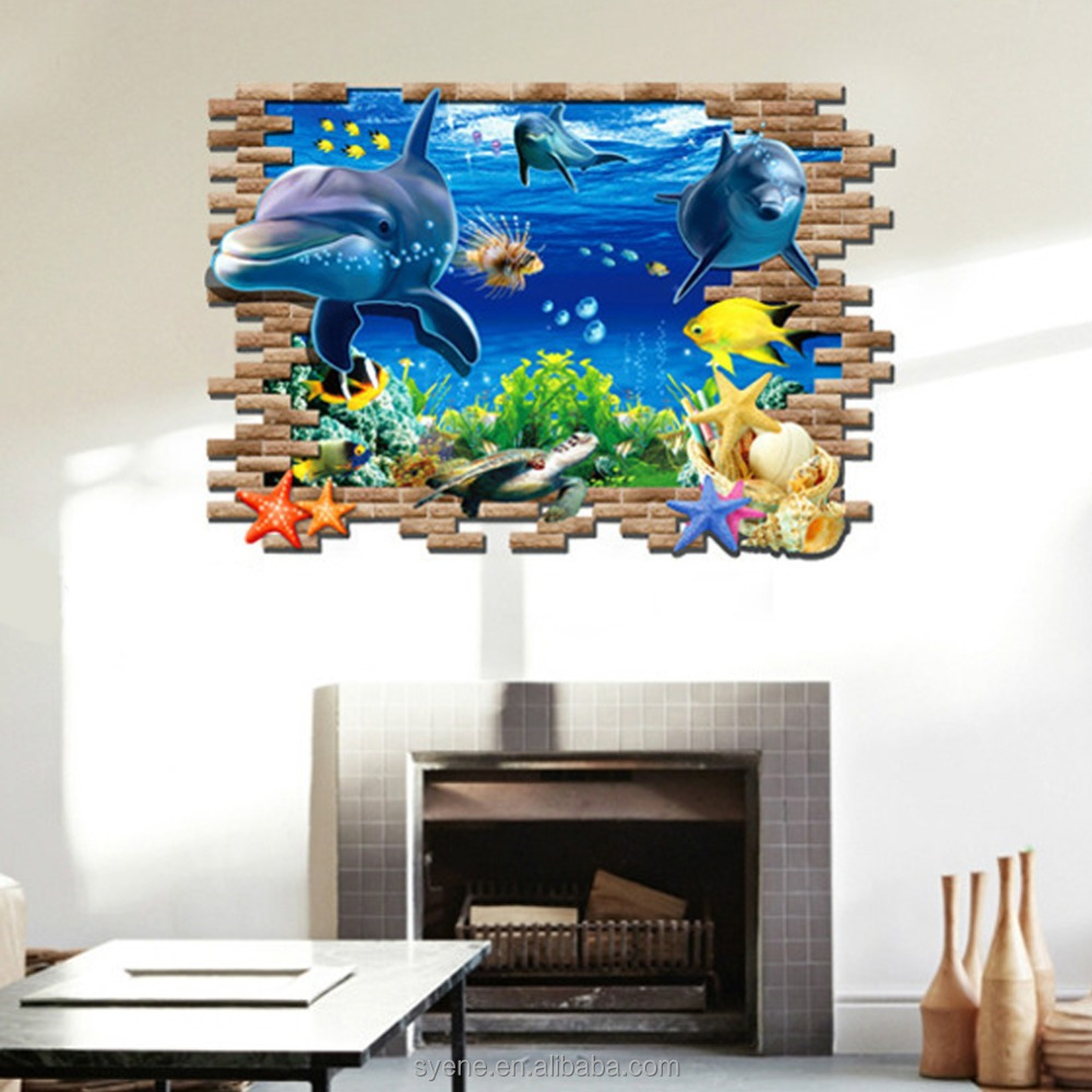 Syene dolphin fish sea world wall sticker for kids room removable wall decoration decals 3D fake window sticker