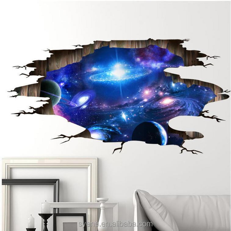 Syene Top quality removable 3d pvc material cartoon space star galaxy ceiling wall sticker in kids boy living room wallpaper