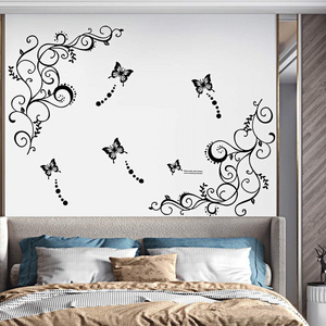 Hanging Flower Vine Wall Stickers Black Floral Butterfly Wall Decals for Bedroom Living Room Home Decor