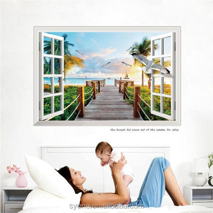 Removable pvc waterproof beautiful scenery self adhesive home decor 3d wooden view wall window stickers mirror wall decal