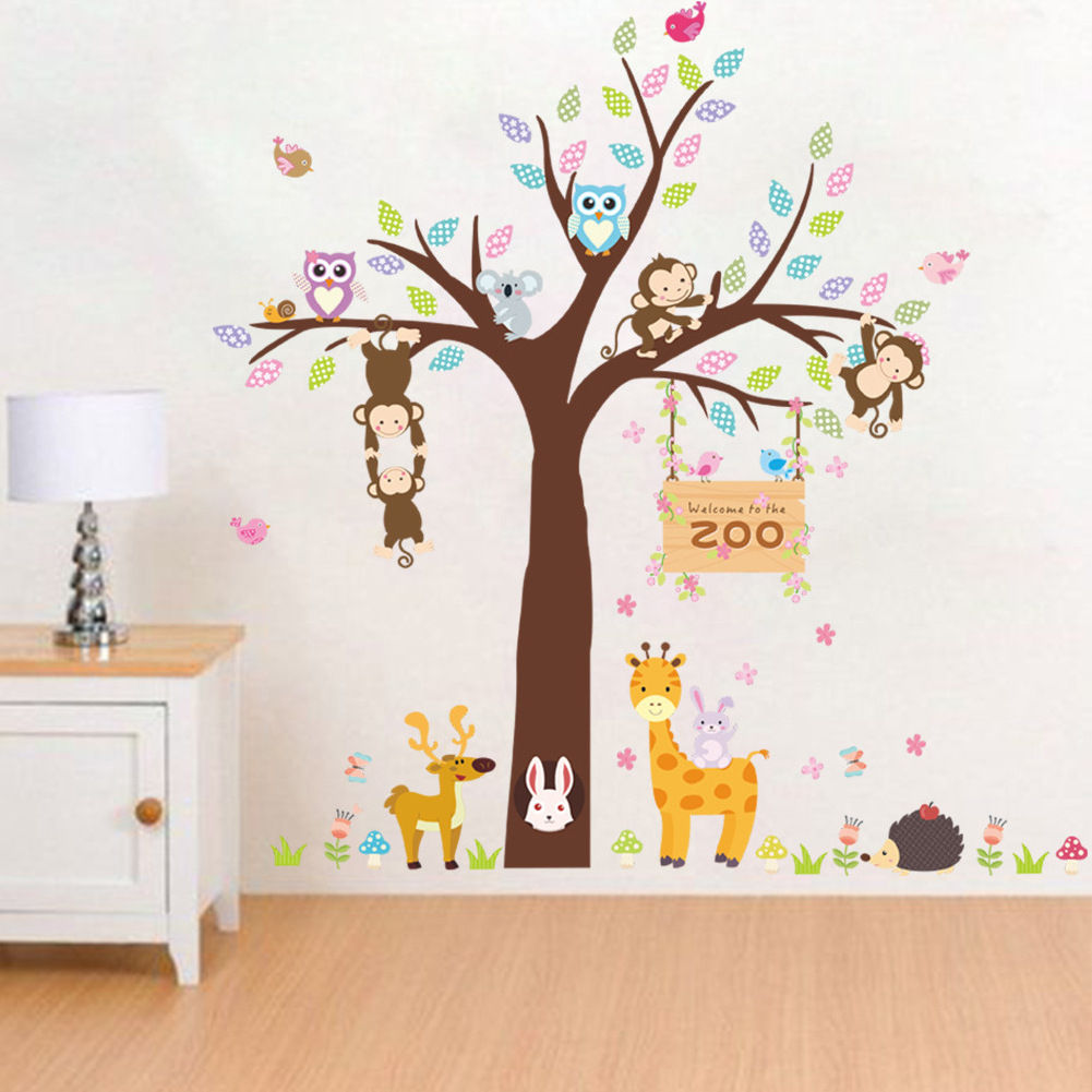 Forest Animals wall sticker Monkey Bear Tree for kids room Children Wall Decal Nursery Bedroom Decor Poster Mural stickers