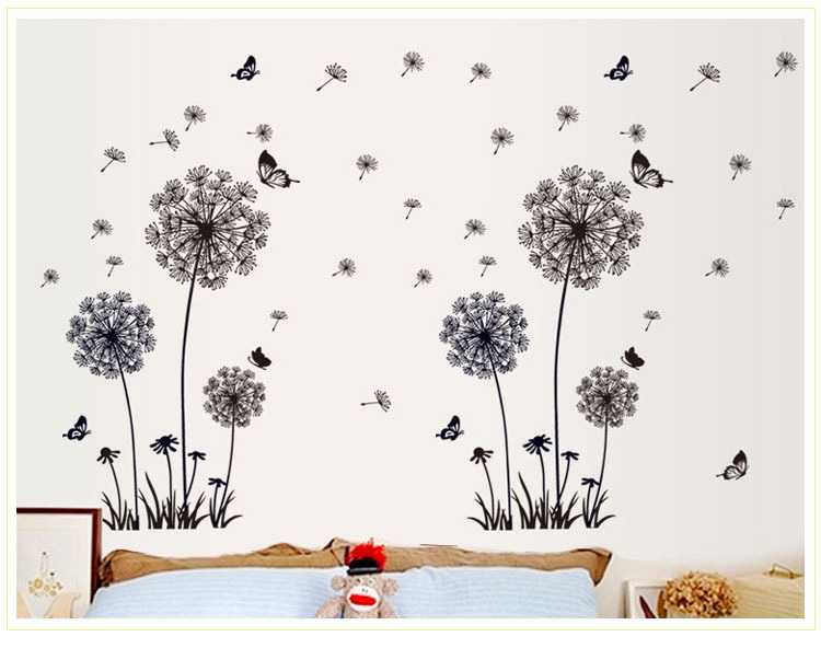 Black Dandelion Butterflies Wall Sticker PVC Window Decoration Mural Art Decal for Living Room Bedroom Home Decor Wall Stickers