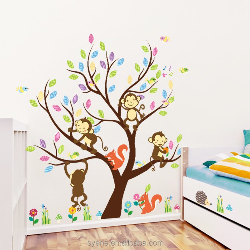 Syene cartoon cute monkey forest animals family tree wall sticker decal 3d kids room wallpapers home decor for baby nursery