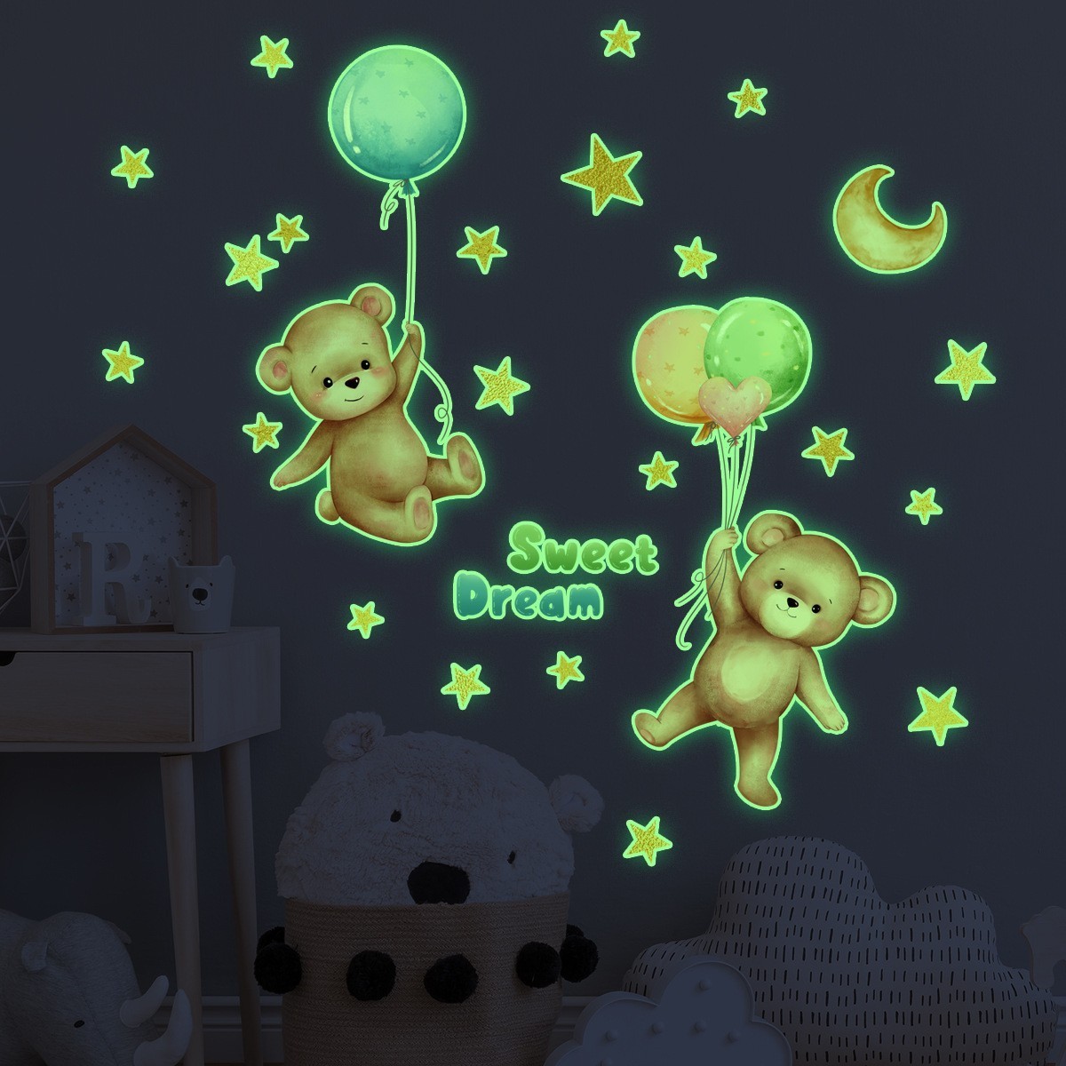 Sun Moon Stars meteors luminous wall stickers PVC shining glow kids stickers in night