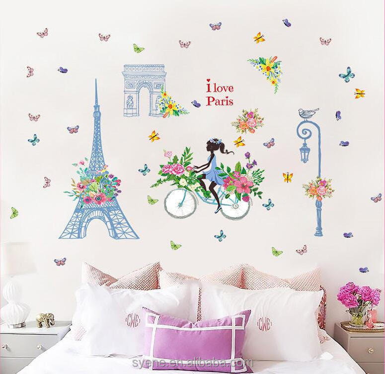 Syene Romantic flower Paris Wall Sticker For Kids Rooms Eiffel Tower Flower Fairy Riding Home Decor wallpaper