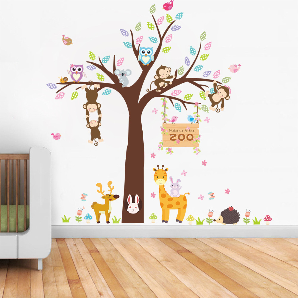 Forest Animals wall sticker Monkey Bear Tree for kids room Children Wall Decal Nursery Bedroom Decor Poster Mural stickers