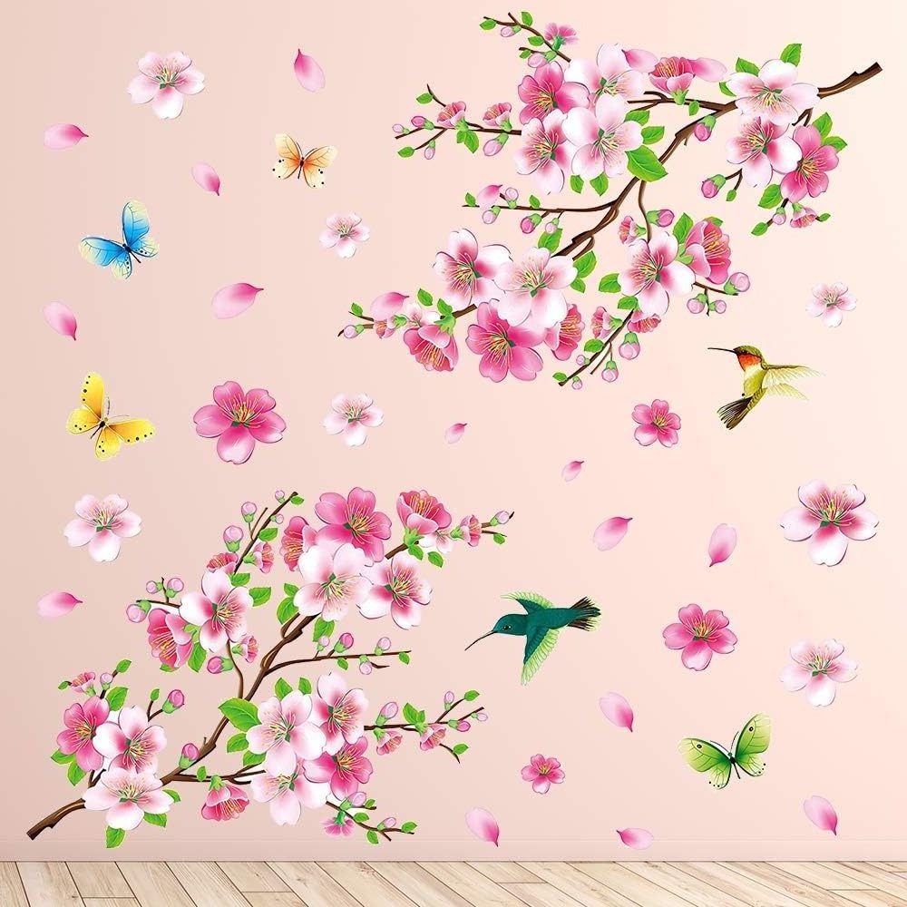 Pink Cherry Blossom Peach Blossom Wall Sticker Floral Butterfly Birds Art Deco Tree Branch Flower Wall Decor Paper Bedroom