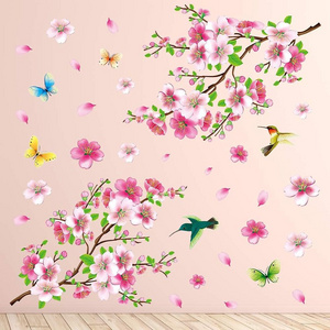 Pink Cherry Blossom Peach Blossom Wall Sticker Floral Butterfly Birds Art Deco Tree Branch Flower Wall Decor Paper Bedroom