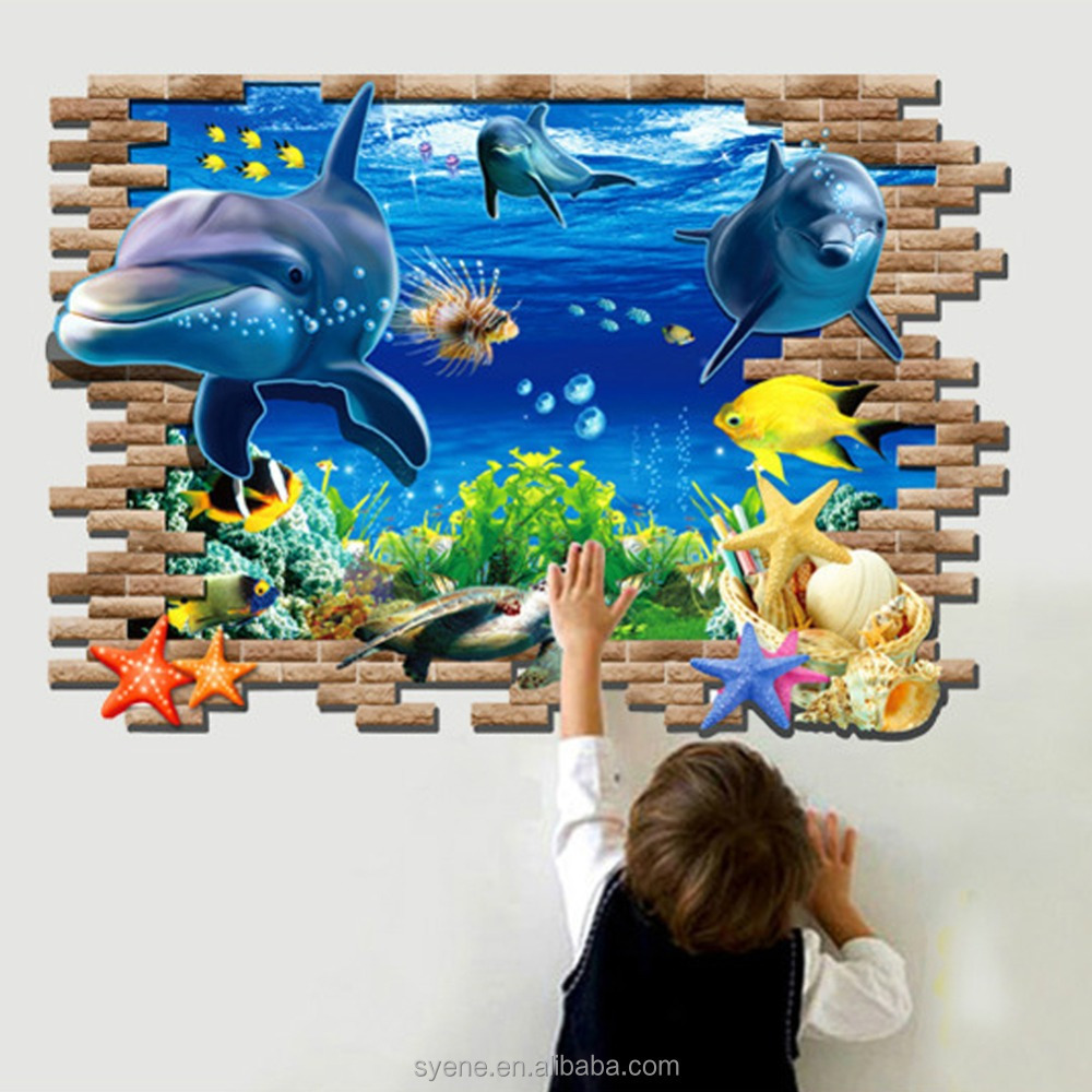 Syene dolphin fish sea world wall sticker for kids room removable wall decoration decals 3D fake window sticker