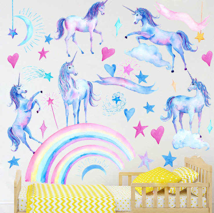 Nordic ins hand-painted love rainbow unicorn star children's room wall stickers bedroom decoration